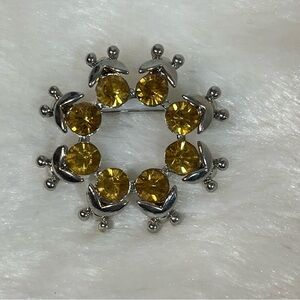 Vintage Yellow Rhinestone Circle Brooch Silver Tone Mid Century Pin